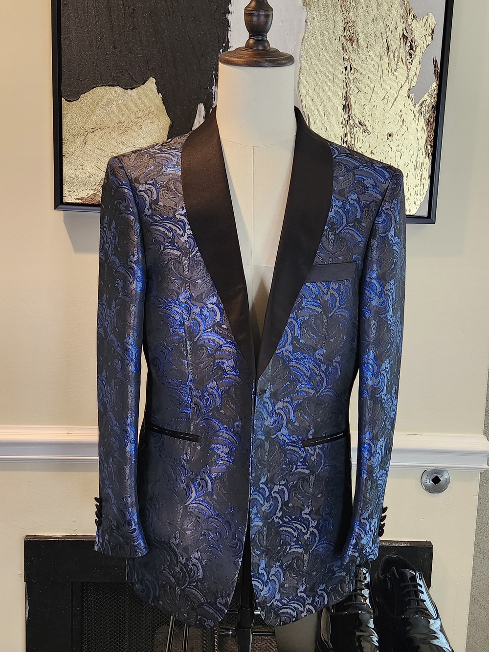 KILBURNE & FINCH Blue & Black Paisley Satin Shawl Lapel Tuxedo Jacket Size 42R